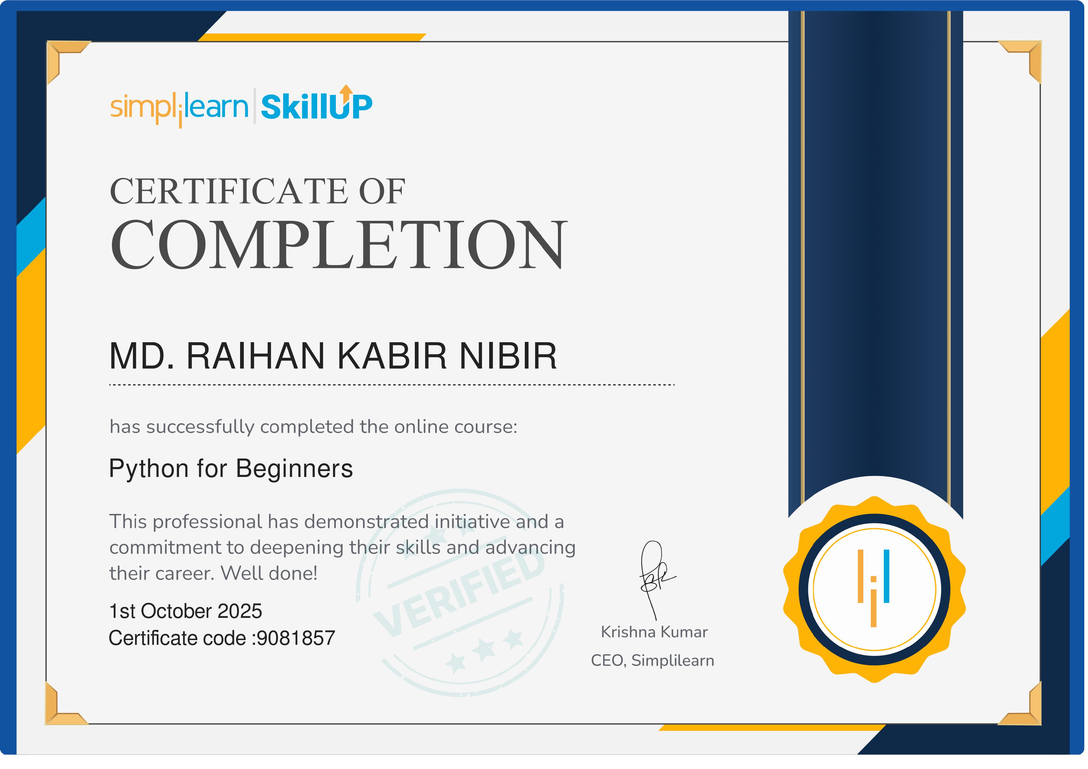 Python for Beginners Simplilearn Certificate