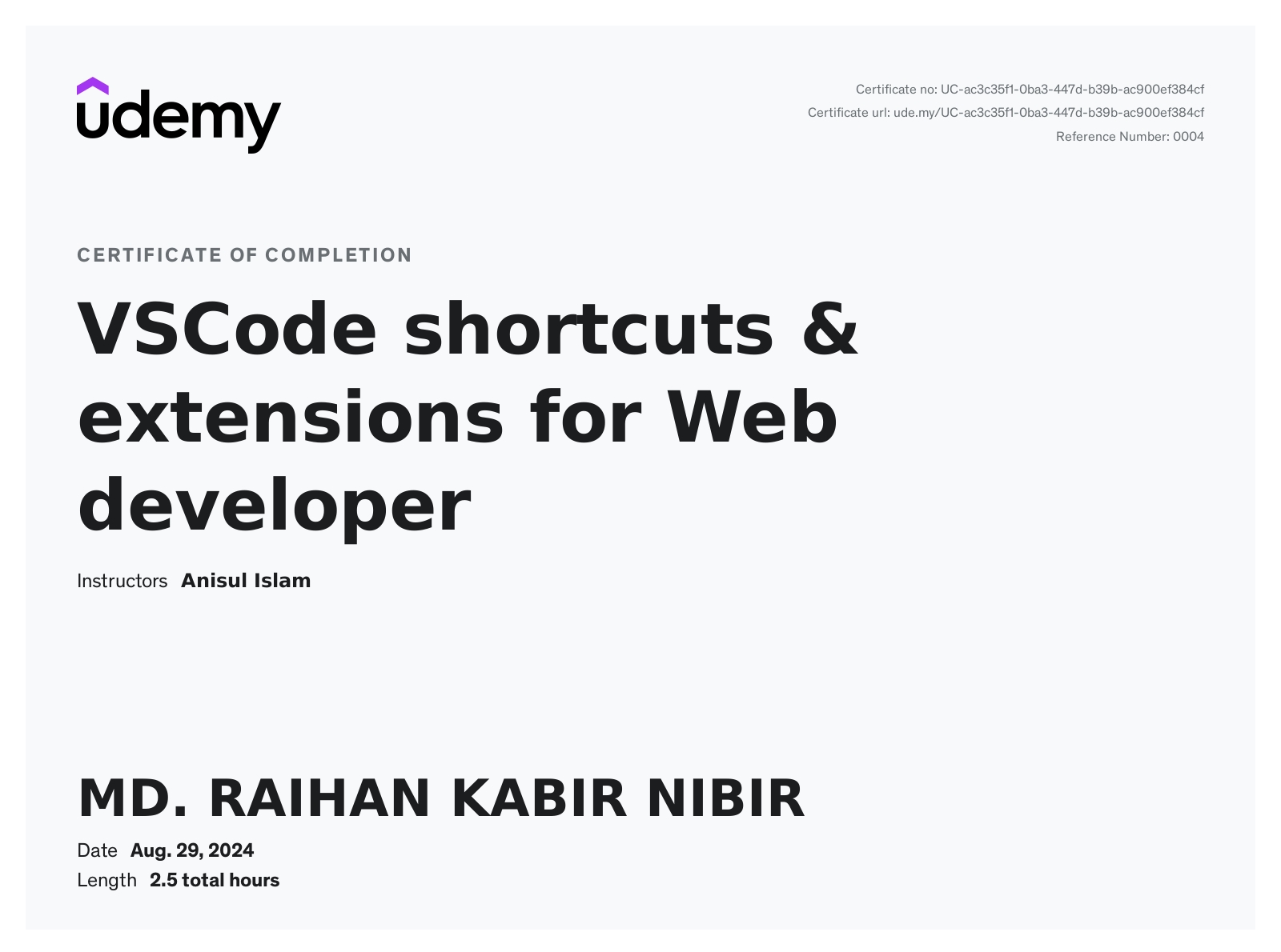 VSCode Shortcuts & Extensions Certificate